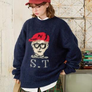 童趣日式复古提花伦敦男孩长毛圆领长袖套头针织毛衣男女情侣装
