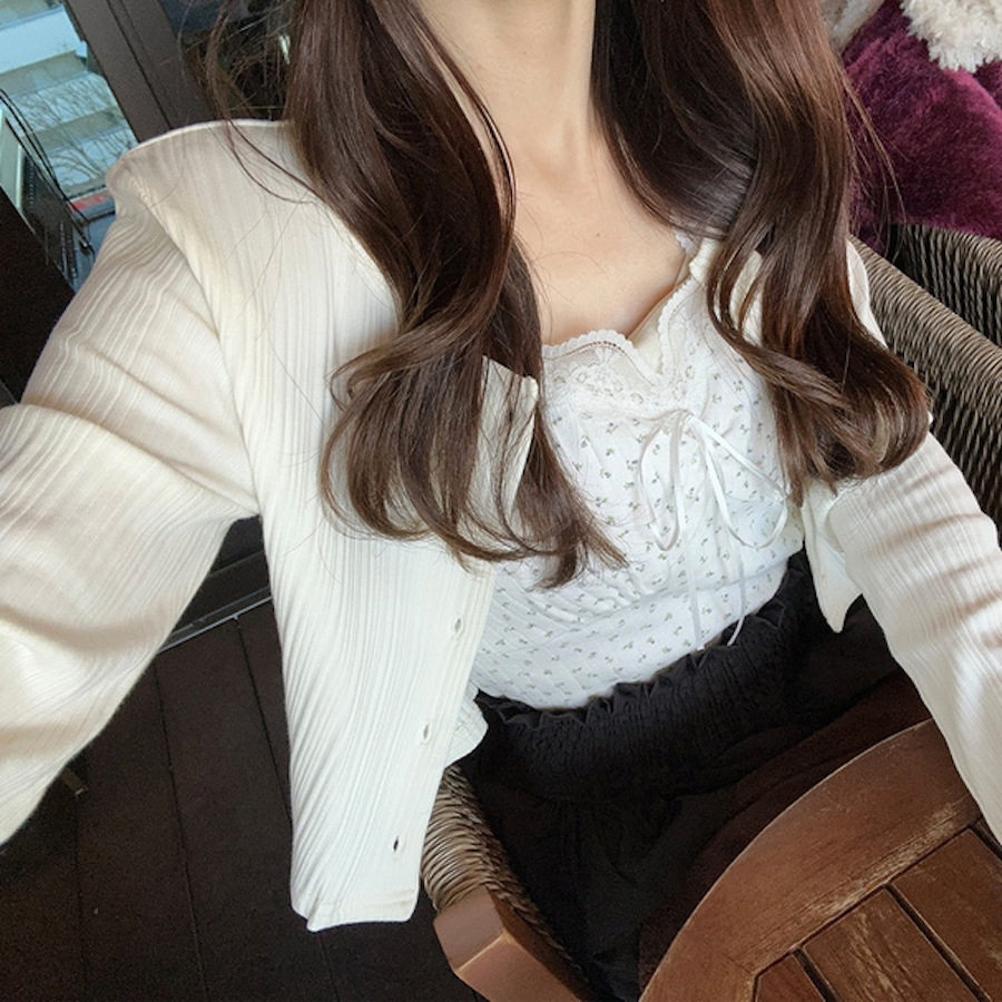 蕾丝边螺纹棉背心吊带日系甜妹风V领系带蝴蝶结细密小花清新温柔