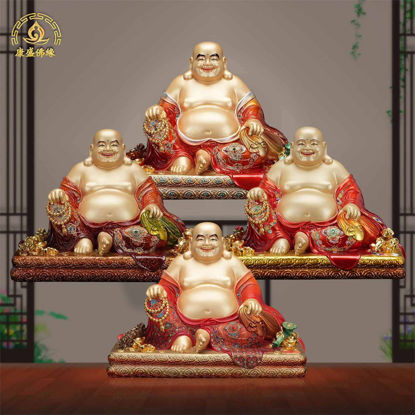 宽体弥勒佛像纯铜珐琅彩开口布袋和尚笑佛供奉家用办公室招财摆件