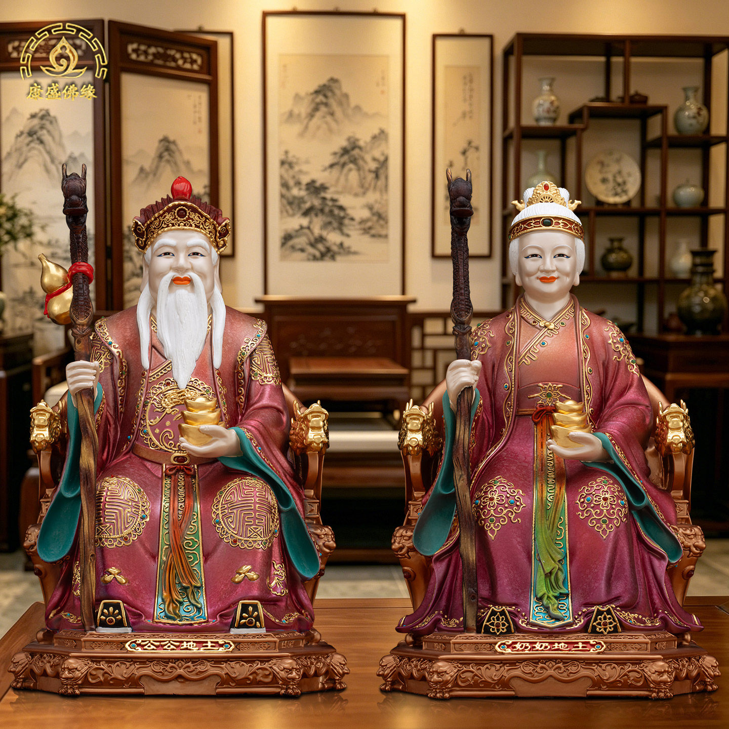 黄铜土地公公家用神像摆件福德正神土地公土地婆店铺地主财神爷像
