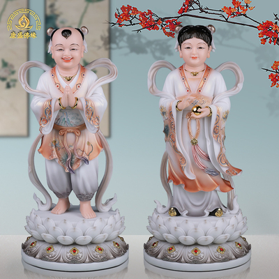 金童玉女神像汉白玉中式客厅摆件