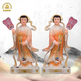 汉白玉左右宫女神像玉帝王母左右侍女拿扇宫女像家用客厅供奉摆件