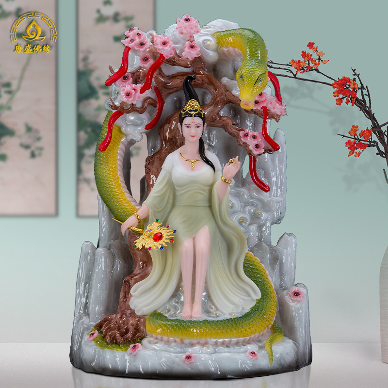 女娲娘娘神像灵蛇青色白色汉白玉雕佛像吉祥摆件白娘子白素贞室内