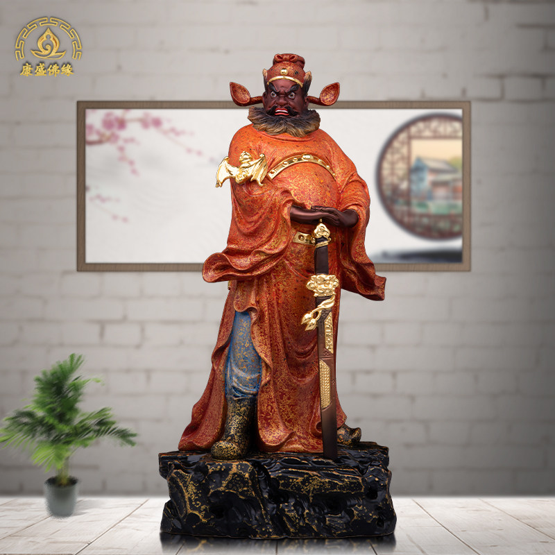 天师钟馗神像纯铜大漆红家居摆件