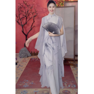 2026年春季新款中式国风气质优雅长款水墨浅灰色印花长袖连衣裙女