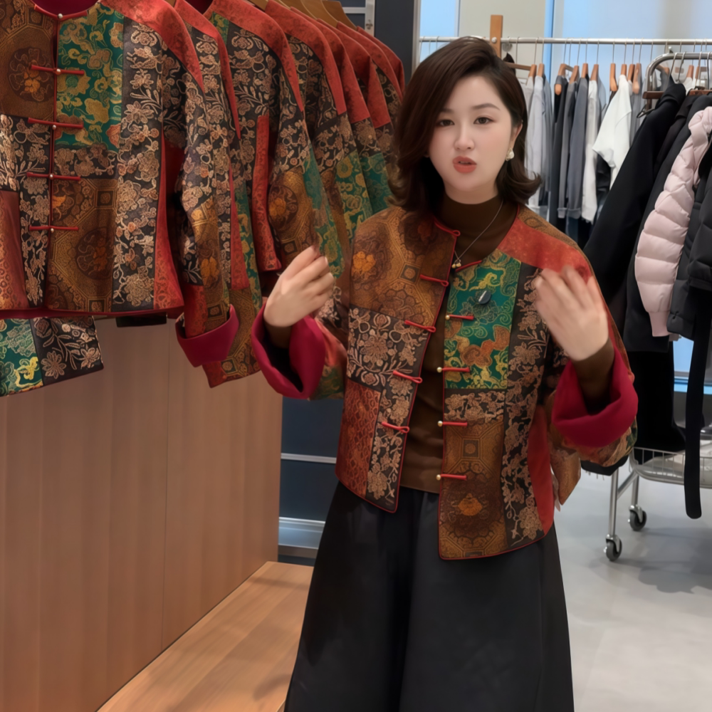 花色短款国风羽绒服外套女装