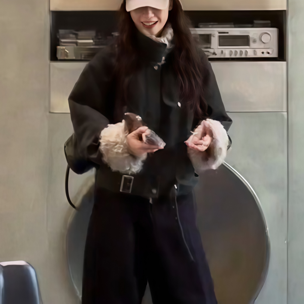 日常翻领加厚保暖黑色棉衣外套女