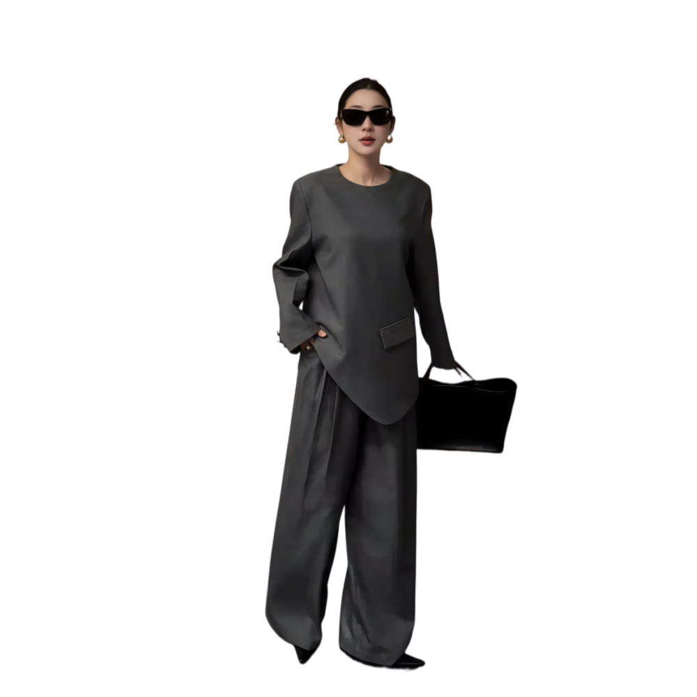 2026春季新款韩系通勤职业复古风中长款纯色圆领上衣阔腿裤套装女