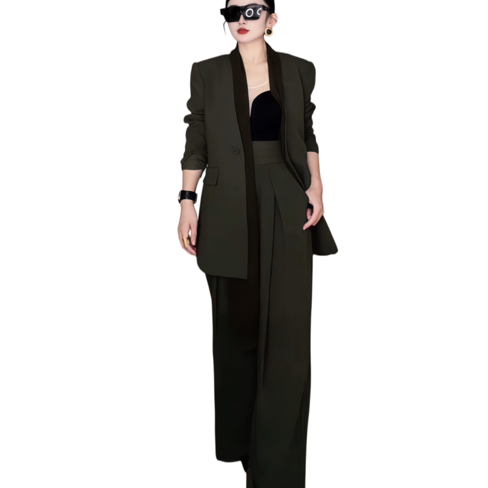2026春季新款韩系高端气质无弹性军绿色西装外套高腰直筒裤套装女