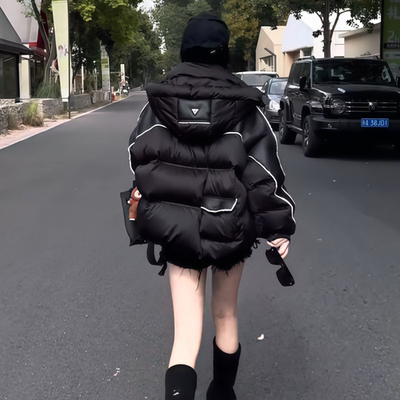 黑色连帽立领短款羽绒服外套女款