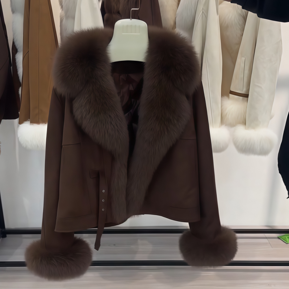 冬季深棕色毛毛领皮草拼接外套女