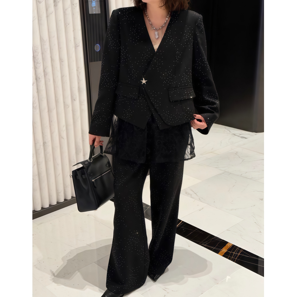 2026年春季时尚新款小众烫钻西装套装百搭阔腿裤高级感休闲通勤女