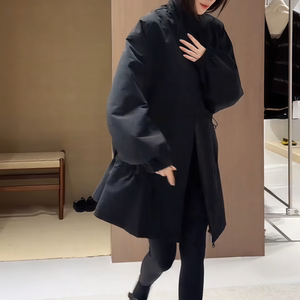 黑色工装中长立领抽绳风衣外套女