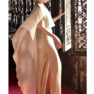 2026年禅意风披肩式长款连衣裙女香槟色长裙简约轻奢清冷感仙女裙
