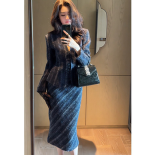 2026年春季新款韩系小众设计感时尚简约风超爆款蓝色小香风套装女