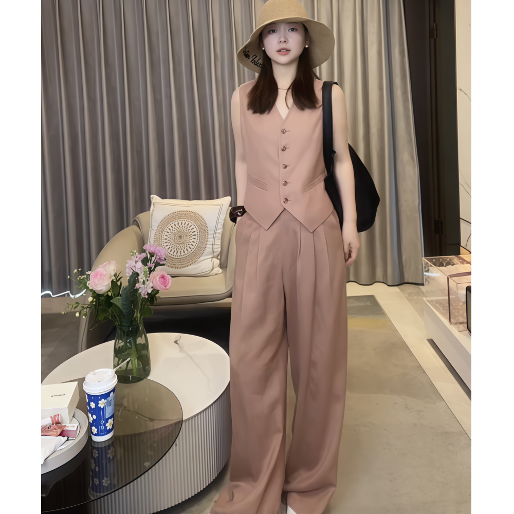 2025年夏季新款时尚气质百搭显瘦设计感小众马甲裤子麻料套装女