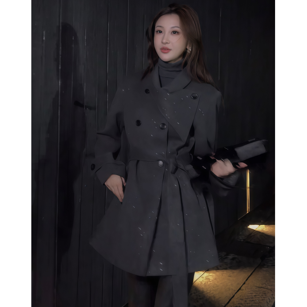 中长黑色系带翻领毛呢大衣外套女