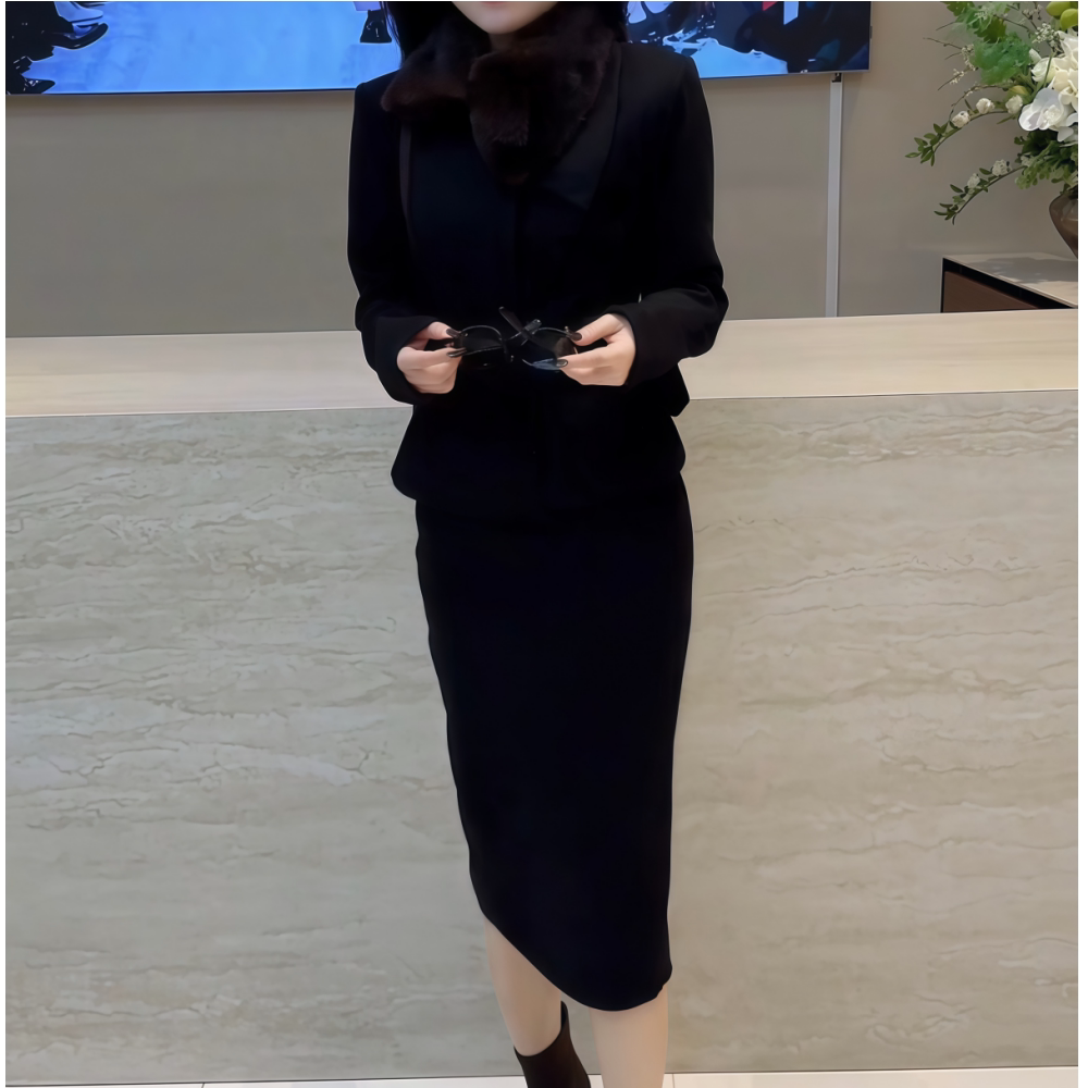 收腰黑色毛呢外套半身裙两件套女