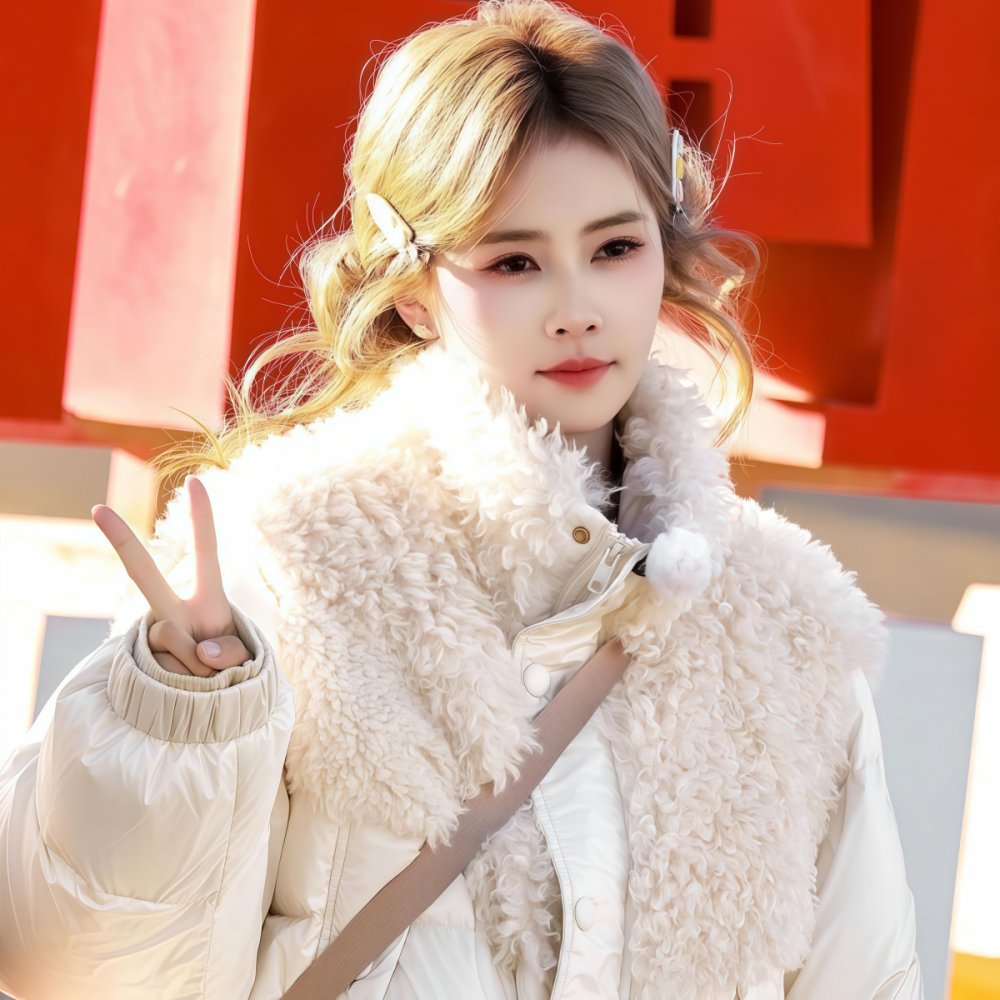 白色立领毛绒拼接直筒羽绒外套女