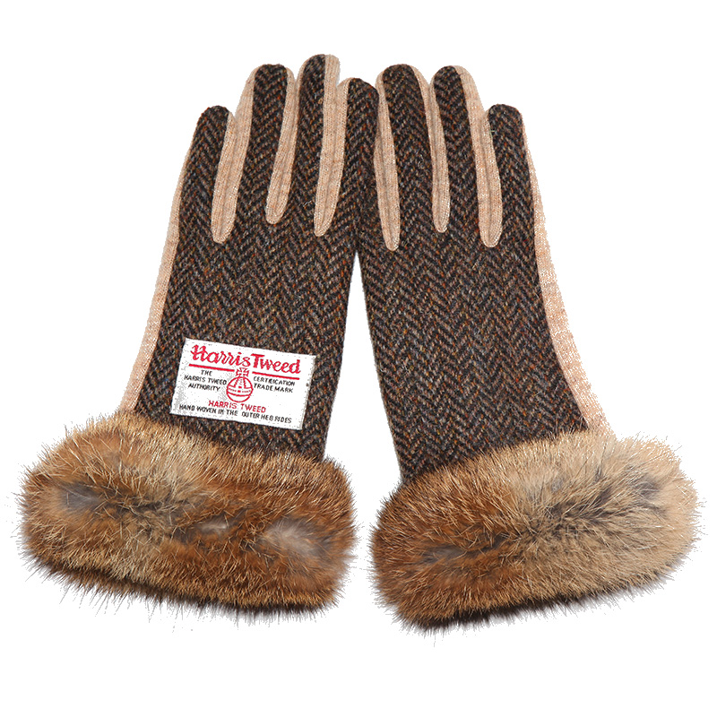 羊皮兔毛羊毛粗花呢加厚女式手套