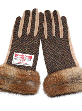 沃芬格哈里斯harris tweed女式触屏控纯羊毛粗花呢兔皮毛手套加厚