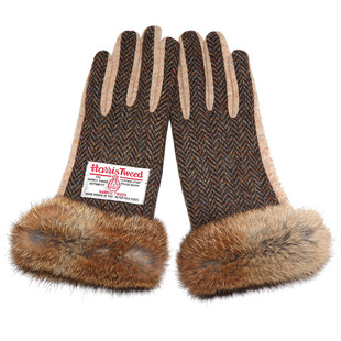 沃芬格哈里斯harris 触屏控纯羊毛粗花呢兔皮毛手套加厚 tweed女式