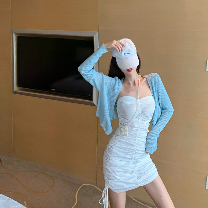 2020新款御姐风洋气套装女夏防晒针织开衫性感抹胸连衣裙两件套