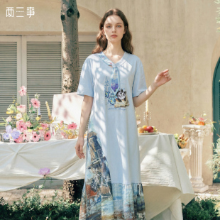 【一一专享】两三事春樱弥音休闲系带领裙摆拼接t恤裙连衣裙