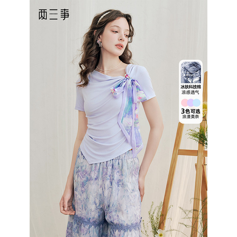 两三事盛夏物语小清新印花绑结短袖t恤图片