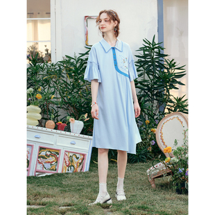 两三事蓝昼诗行喇叭袖不规则衬衫连衣裙