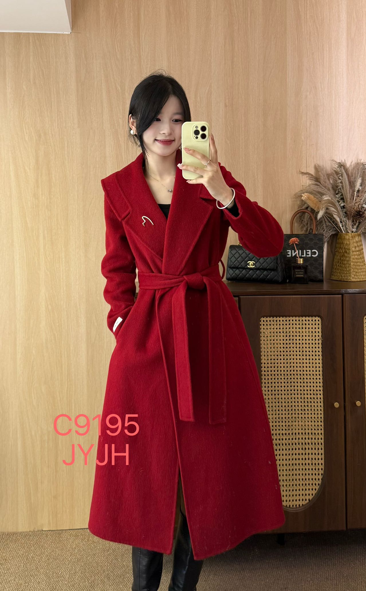 时尚大翻领双面羊绒大衣女修身2025秋冬季新款中长款毛呢外套9195