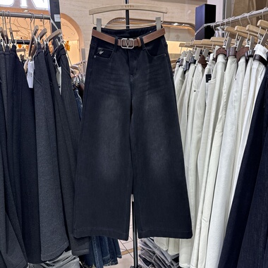 V标黑灰色加厚绒直筒牛仔裤女2025冬季高腰显瘦窄版阔腿裤潮2965