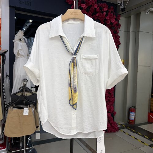 韩系新款时尚高品质翻领短袖衬衫女带丝巾领结甜美衬衣学院上衣