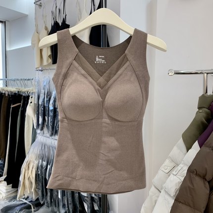 M8803石墨烯秋冬保暖背心内衣一体文胸女带胸垫无痕自发热蕾丝V领
