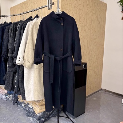 气质高级感双面羊毛大衣女春秋新款立领腰带大口袋长款毛呢外套潮