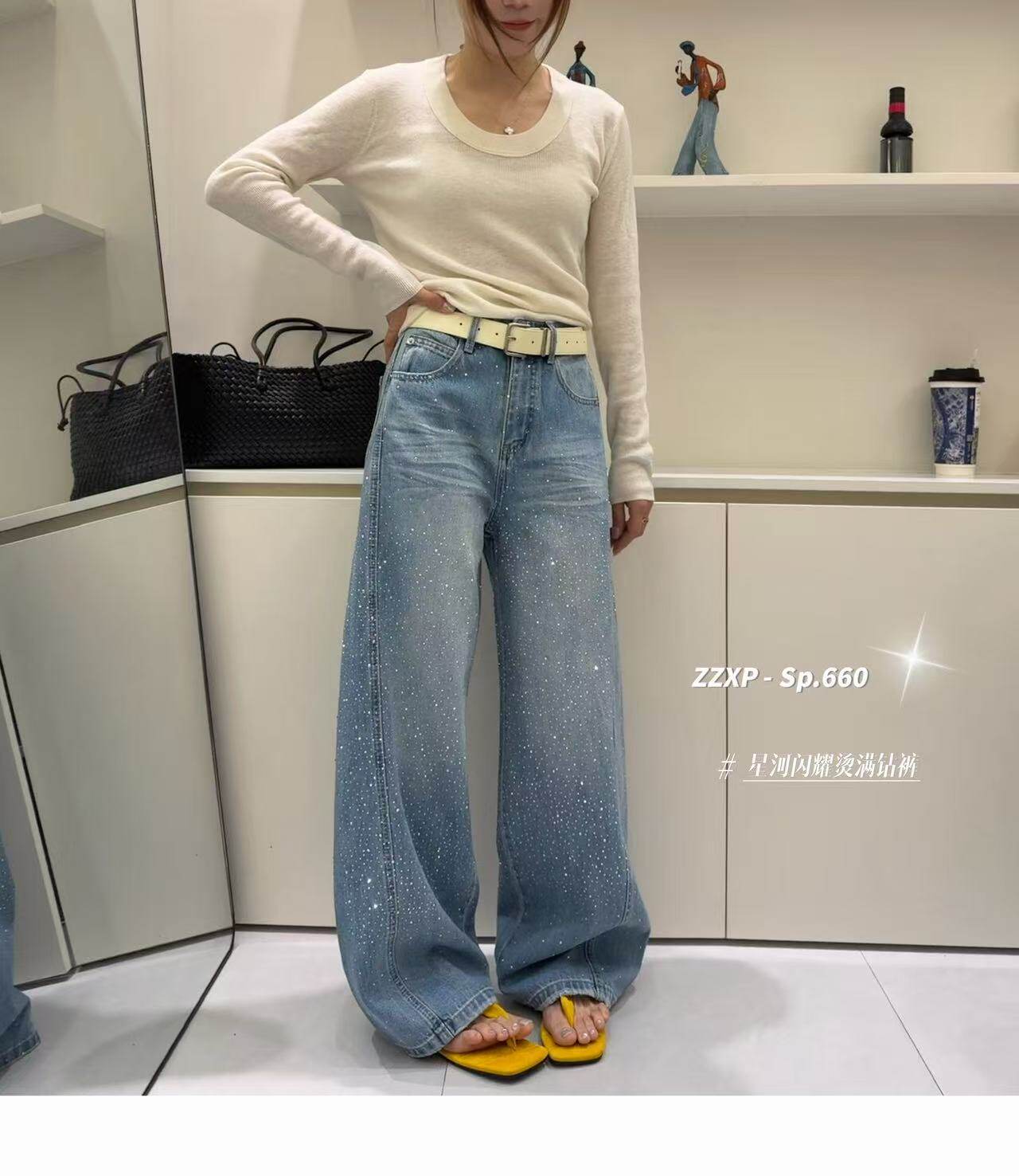 满天星烫钻弯刀牛仔裤女2026春款新款高腰显瘦百搭阔腿裤660