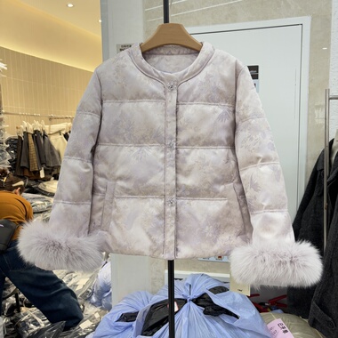 狐狸毛减龄新中式国风羽绒服流苏钻扣可拆卸毛毛袖提花外套25872