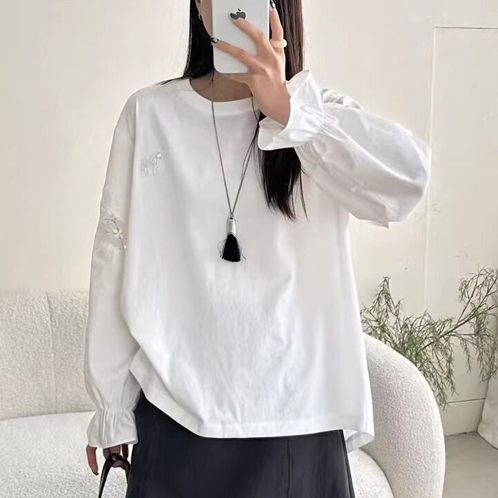 韩版通勤风长袖T恤女2026春季新款蕾丝拼接宽松显瘦百搭上衣潮289