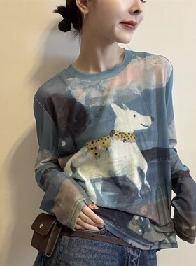 2026春季新款圆领撞色卡通狗狗印花长袖T恤女设计感晕染上衣31733
