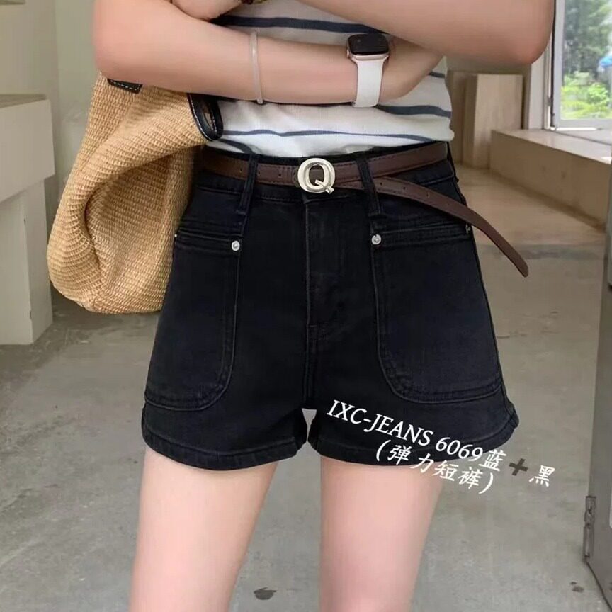 高腰显瘦牛仔短裤女2026夏季新款A字宽松双口袋配腰带热裤潮6069