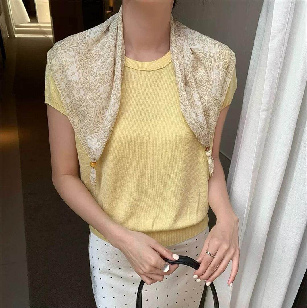 配丝巾圆领短袖针织衫女2026春夏新款宽松百搭打底T恤上衣xl6312