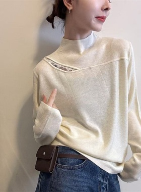 韩系小半高领拼接镂空蕾丝针织衫女冬季新款宽松打底衫毛衣27700