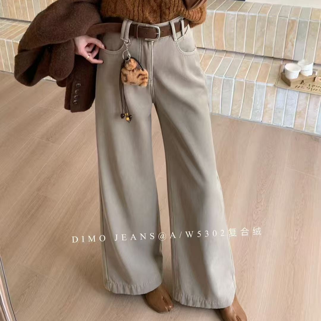 冬季新款复古直筒牛仔裤女欧洲站正品植绒宽松显瘦百搭阔腿裤5302