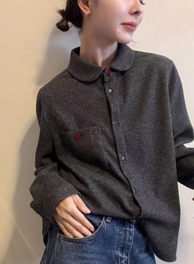 韩版翻领拼刺绣针织开衫女冬季款长袖纽扣衬衫休闲百搭外套31190