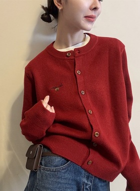 休闲风圆领拼色刺绣开衫毛衣女2025冬季新款单排扣针织衫外套984