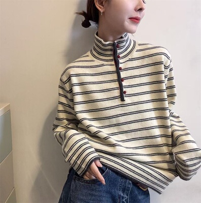 欧洲站拼色条纹针织羊毛开衫女冬季新款立领拉链时尚宽松毛衣外套