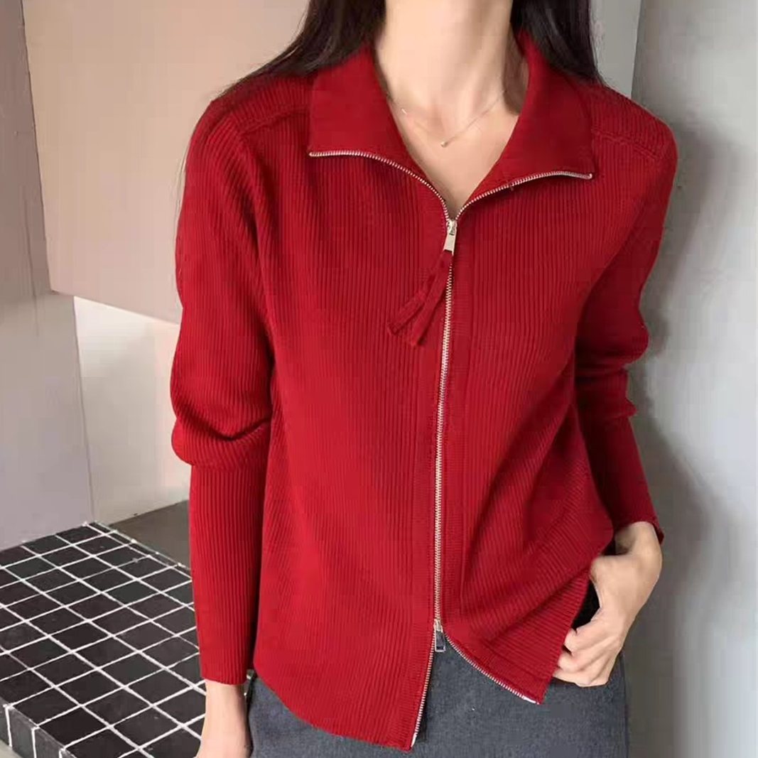 冬季新款串绳拉链针织开衫女韩系翻领坑条毛衣外套加厚上衣潮1610