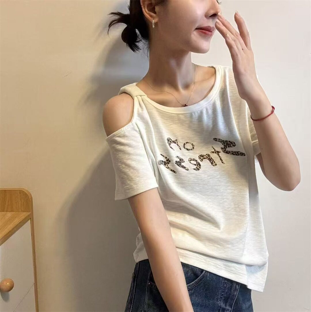 韩系豹纹字母印花露肩短袖T恤女2026夏季新款洋气显瘦上衣潮32195