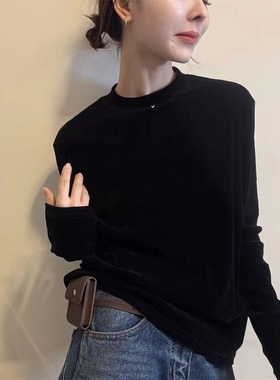 2025冬季新款丝绒长袖t恤女高级感韩版显瘦百搭圆领打底衫潮31191