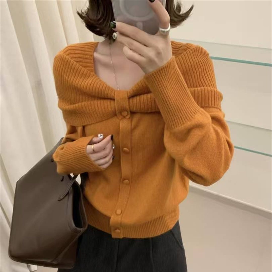 2025冬季时尚一字领蝴蝶结针织衫女韩系正品显瘦毛衣上衣潮10291